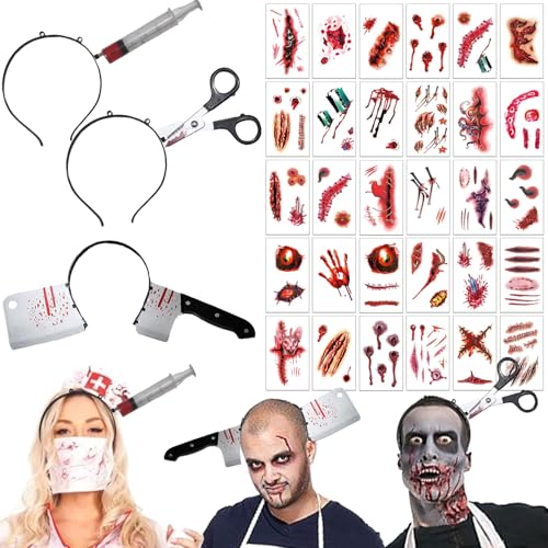 AEYAKA Halloween Horror Haarreif Set Schere, Spritze, Messer im Kopf mit Blut Gruselige Kopfbedeckung & 30 Zombie Tattoo Aufkleber Kostüm Accessoire für Damen Herren Karneval, Cosplay, Masquerade von AEYAKA