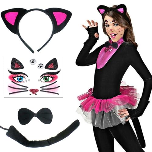 AEYAKA Katzenkostüm Katzen Ohren Stirnband Tierkostüm Zubehör Kragen und Schwanz-Set Gesichtstattoo für Kinder Erwachsene Karneval Cosplay Kostümparty von AEYAKA