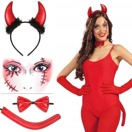 AEYAKA Teufelskostüm-Accessoires, Ohren, Stirnband, Schwanz, Fliege, Gesichtsaufkleber Teufelskostümzubehör für Kinder, Erwachsene, Karneval, Cosplay, Kostümparty von AEYAKA