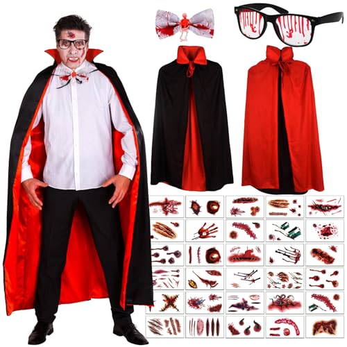 AEYAKA Vampir Kostüm Cape 150cm Schwarz Rot Doppelseitigem Umhang 30 Temporäre Tattoos Halloween Kostüm für Erwachsene Fliege, Brille mit Blut von AEYAKA