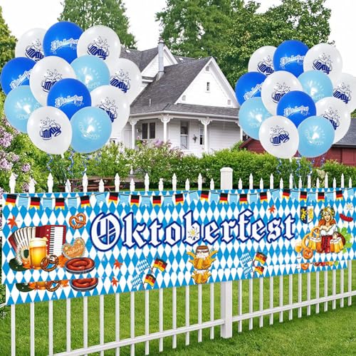 AEYAKA Oktoberfest Deko Set 300x50 cm Oktoberfest Banner & 20 Luftballons in Blau-Weiß Girlande für Outdoor Bierzelte & Garten Bayrische Party Dekoration von AEYAKA