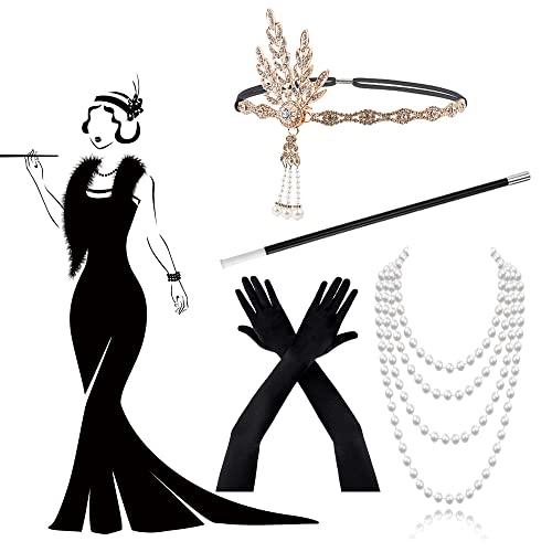 1920s Kostüm Damen Flapper Accessoires Set ● 20er Jahre Accessoires ● Great Gatsby Accessoires Damen ● 1920er Jahre Zubehör mit Stirnband Handschuhen Halskette Armband Ohrringen Spitze Faltfächer von AFEIGE