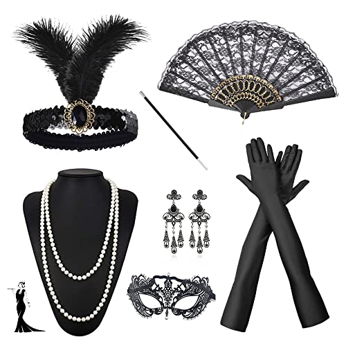 AFEIGE 20er Jahre Accessoires●20s Kostüm Damen●Great Gatsby Accessoires Set●1920er Jahre Zubehör mit Stirnband Handschuhen Halskette von AFEIGE