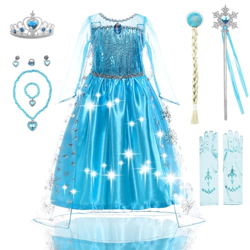 AFEIGE Elsa kostüm mädchen,11-teiliges Set Elsa Kleid Kostüm Kinder Mädchen ELSA Kleid Kinder mit Krone Diadem Handschuhe Zauberstab für Weihnachten von AFEIGE