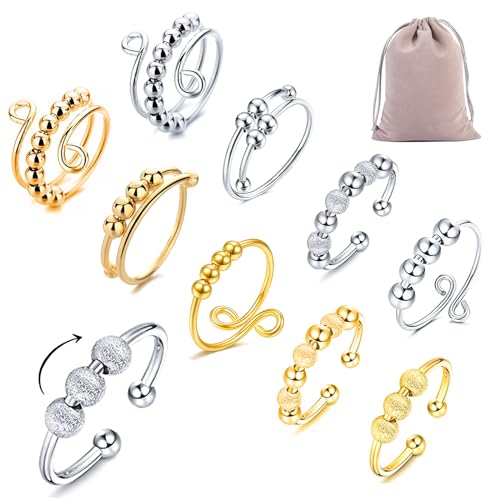 10 Stück nxiety Ring Anti Stress Ring, Fidget Ring Verstellbar Frauen Ringe Damen, Angst Ring mit Perlen Calm Ring Spinning Ring Angstring für Herren Damen Geschenke von AFEION