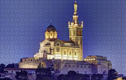 1000-teiliges Puzzle, Erwachsenenpuzzle, Unmögliches Puzzle, Buntes Puzzle, Geschicklichkeitsspiel für die ganze Familie, Frankreich, Basilika, Marseille, Notre Dame de la Garde, 38x26CM von AFHMZ