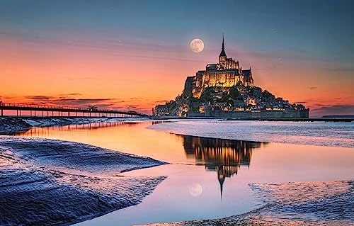 Puzzle 1000 Teile, Abtei von Mont Saint-Michel und Mond, Wunderschönes Sonnenuntergangs-Puzzle, Heimdekoration, 52 x 38 cm von AFHMZ