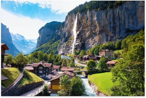 Puzzle 1000 Teile für Erwachsene Lauterbrunnental Schweiz Sommer Berg Europäische Landschaft Puzzlespiel für Familienpuzzle Lernspiele 38x26CM von AFHMZ