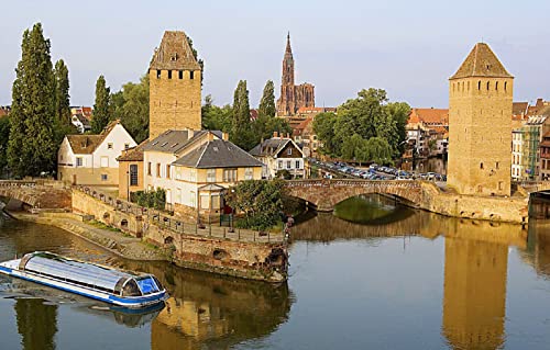 Puzzle Junge 1000 Teile Stadt Himmel Brücke Fluss Schiff Turm Kathedrale Kirche Straßburg Frankreich 70x50CM von AFHMZ