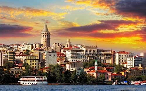 Puzzle für Erwachsene, 1000 Teile, Sonnenuntergangslandschaft der Stadt Galata in Istanbul, Türkei, 70 x 50 cm von AFHMZ