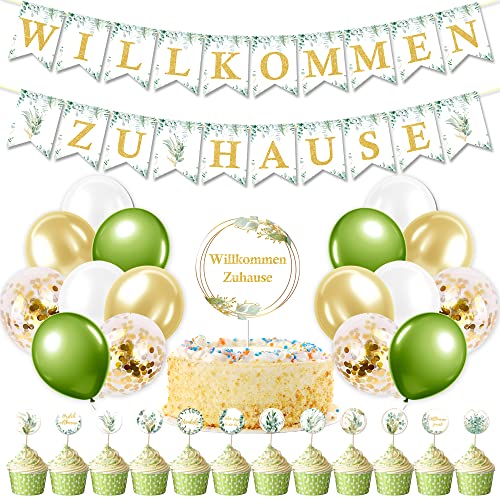 AFYHH Willkommen Zuhause Baby Deko Girlande Banner Luftballons Tortendeko Cake Topper Eukalyptus Grün Zuhause Party Dekoration Willkommen Zurück Baby Deko Weclome Home Deko von AFYHH