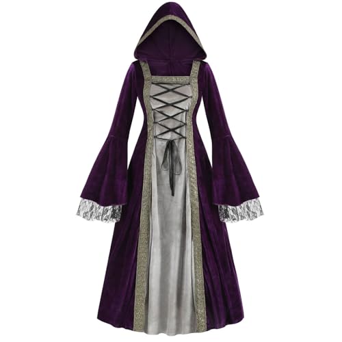 AGCOAH Langes Kleid mit Kapuze für Damen, Hexen-Outfit, Renaissance-Schnür-Kostüm, Halloween, Cosplay, Violett-Grau, Größe L von AGCOAH