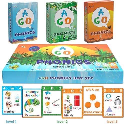 AGO Phonics Kartenspiel Set zum Englisch Lernen | Spiel und Spaß für Kinder und Erwachsene | Lerne Phoneme & Wörter und Übe Lesen | 3 Kartenspiele in Magnetischer Box von AGO