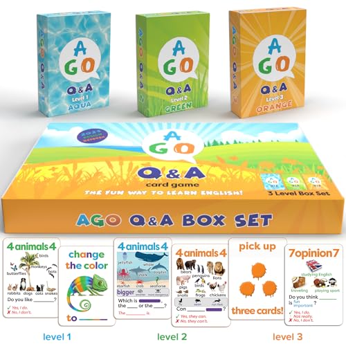 AGO Q&A Kartenspiel Set zum Englisch Lernen | Spiel und Spaß für Kinder und Erwachsene beim Lernen | 3 Kartenspiele in Magnetischer Box von AGO