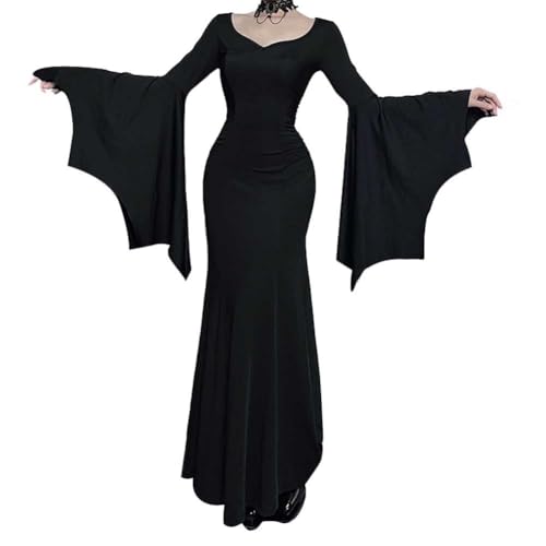 AGYMNX Damen Gothic geraffte Kleid Schwarz Halloween Kostüm Lange Ärmel Steampunk Maxikleid Karneval Hexekleid Cosplay schwarz 2XL von AGYMNX