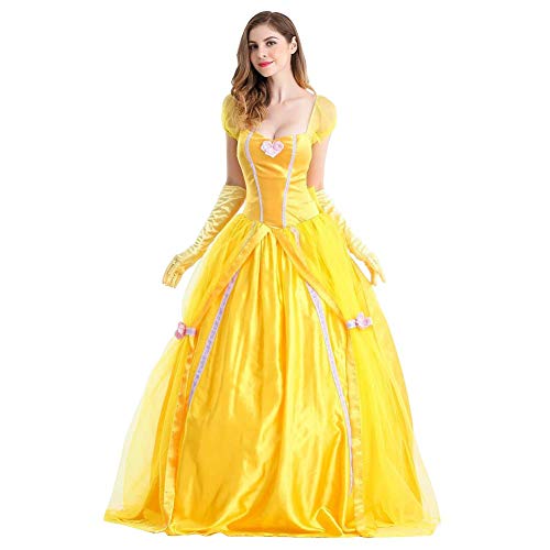 AGYMNX Erwachsene Belle Prinzessinnenkleid Damen Halloween Weihnachten Fasching Karneval Partykleid Cosplay Kostüm Lange gelb 1 2XL von AGYMNX