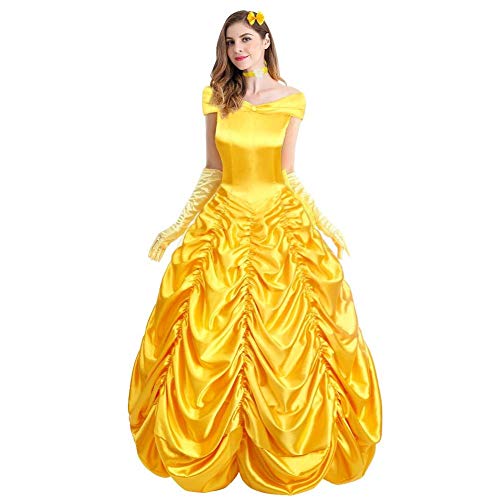 AGYMNX Erwachsene Belle Prinzessinnenkleid Damen Halloween Weihnachten Fasching Karneval Partykleid Cosplay Kostüm Lange gelb 2 2XL von AGYMNX