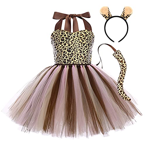 AGYMNX Kinder Mädchen Tier Kostüm Ärmellos Tüllklied Milchkuh Leopard Kostüm für Kindergeburtstag Wehnachten Halloween Outfits Karneval Bekleidungsets Fasching Partykleid Brauner Gepard 11-12 Jahre von AGYMNX