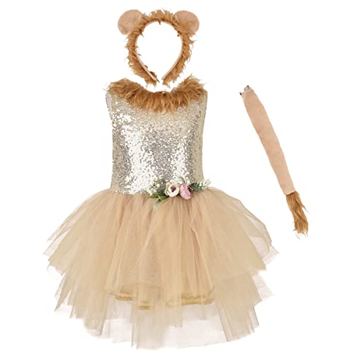 AGYMNX Kinder Mädchen Tier Kostüm Ärmellos Tüllklied Milchkuh Leopard Kostüm für Kindergeburtstag Wehnachten Halloween Outfits Karneval Bekleidungsets Fasching Partykleid Goldener Löwe 10T von AGYMNX