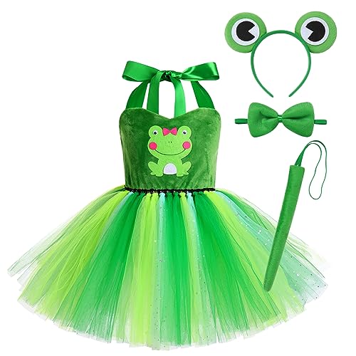 AGYMNX Kinder Mädchen Tier Kostüm Ärmellos Tüllklied Milchkuh Leopard Kostüm für Kindergeburtstag Wehnachten Halloween Outfits Karneval Bekleidungsets Fasching Partykleid Grüner Frosch 100cm von AGYMNX