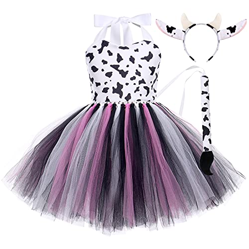 AGYMNX Kinder Mädchen Tier Kostüm Ärmellos Tüllklied Milchkuh Leopard Kostüm für Kindergeburtstag Wehnachten Halloween Outfits Karneval Bekleidungsets Fasching Partykleid Kuh Rosa 11-12 Jahre von AGYMNX