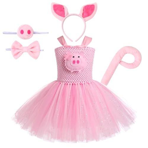 AGYMNX Kinder Mädchen Tier Kostüm Ärmellos Tüllklied Milchkuh Leopard Kostüm für Kindergeburtstag Wehnachten Halloween Outfits Karneval Bekleidungsets Fasching Partykleid Rosa Schweinchen 11-12Y von AGYMNX