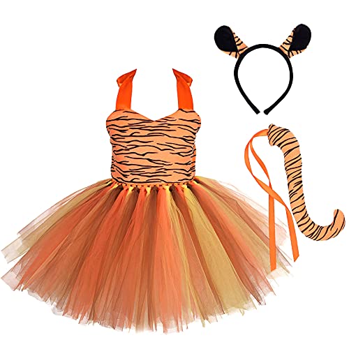 AGYMNX Kinder Mädchen Tier Kostüm Ärmellos Tüllklied Milchkuh Leopard Kostüm für Kindergeburtstag Wehnachten Halloween Outfits Karneval Bekleidungsets Fasching Partykleid Tiger 11-12 Jahre von AGYMNX