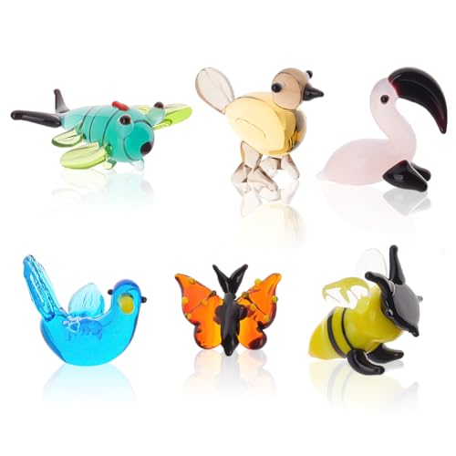 AHANDMAKER 6 Stück Mini-Tierfiguren, 6 Stile Glastierfiguren Für Die Tischdekoration, Libelle Vogel Bienen Taube Flamingo Schmetterling Glas Display Miniatur Für Jahrestag Geburtstagsgeschenk von AHANDMAKER