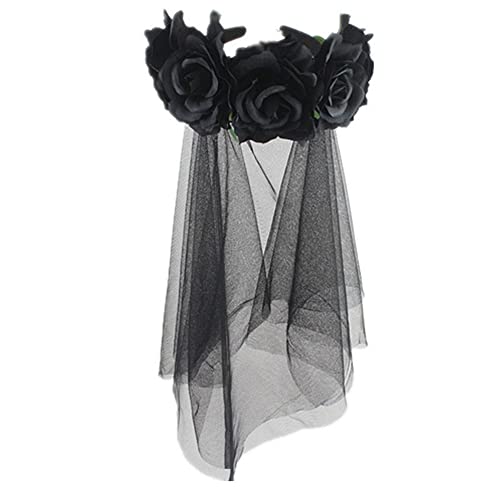 Damen Haarreif Krone Blumen Rosa mit Schleier Halloween Stirnband Tag der Toten Mexiko Frisur Braut Geist Gothic Blumengirlande Vintage Zubehör Halloween Kostüm Hochzeit, Schwarz , 58 von AHDMR