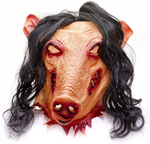 Horrormaske Halloween Maske Schweinekopf gruselig Schweinemaske Realistische Gesichtsmaske Cosplay Blutig mit Haaren Maske Teufel Zombie Vampir Kostüm Zubehör Halloween von AHDMR