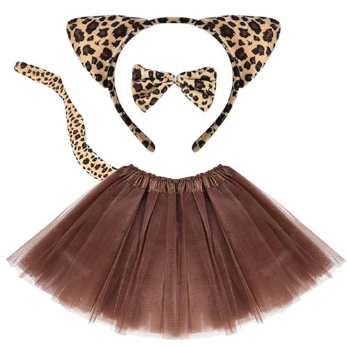 AHEJIOO 4 Stück Leopard Kostüm Set, Tierkostüm Kinder Inklusive Tutu Rock, Leopard Ohren Stirnband, Schwanz, Für Halloween Geburtstag Kostüm Party, Leoparden Kostüm Kinder, Leopard Kostüm Kinder von AHEJIOO