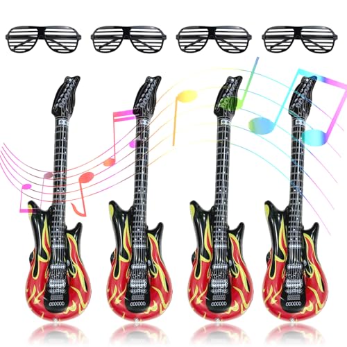 AHEJIOO 8 Pcs Aufblasbare Rock Star Toys Set, Aufblasbare Instrumente, Dekoration Karneval Party Luftgitarren Zum Aufblasen, Party Brille Für Kinder, Luftgitarren Zum Aufblasen, Aufblasbare Gitarre von AHEJIOO