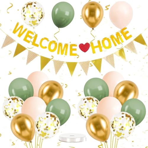 Willkommen Zuhause Deko Set, Welcome Home Banner, Herzlich Willkommen Girlande, Mit 30 Stück Hautfarbe Grün Gold Und Goldener Paillettenballon Set , für Babyshowerparty,Geburt,Fest Dekorations von AHEJIOO