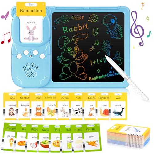 (Englisch und Deutsche) Zweisprachige Sprechende Lernkarteikarten mit LCD-Schreibtablett, Sprechende Flash-Karten für Kleinkinder 2-6 Jahre Alt, 255 Blätter 510 Wörter, Hörbar Lernspielzeug (Blau) von AHJ