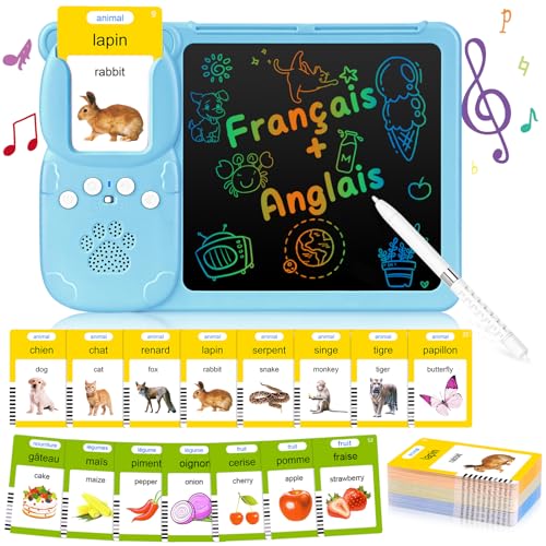 (Englisch und Französische) Zweisprachige Sprechende Lernkarteikarten mit LCD-Schreibtablett, Sprechende Flash-Karten für Kleinkinder 2-6 Jahre Alt, 112 Blätter 224 Wörter, Hörbar Lernspielzeug (Blau) von AHJ