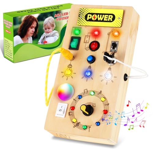 Montessori Busy Board ab 1 Jahr 2 Jahr, Activity Board Holz LED, Montessori Spielzeug mit 15 LED, Busy Board Schalter mit 4 Musik, Holzspielzeug Sensorik Spielzeug für Mädchen Junge ab 1 2 3 4 Jahr von AHJ