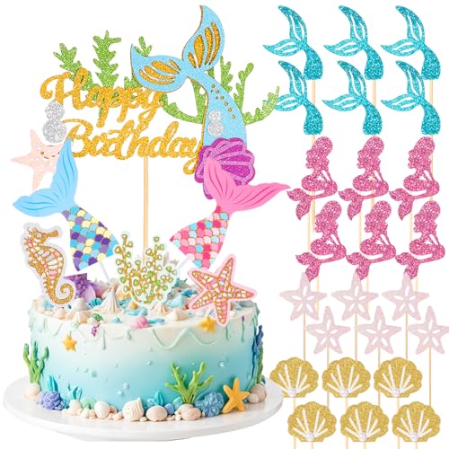 30 Stück Meerjungfrau Tortendeko Geburtstag Mädchen,Meerjungfrau Schwanz Kuchendeko,Ocean Theme Toppers,Happy Birthday Meerjungfrau Cake Topper,für Mädchen Frauen Geburtstag Babydusche Mermaid Party von AHQiZFX