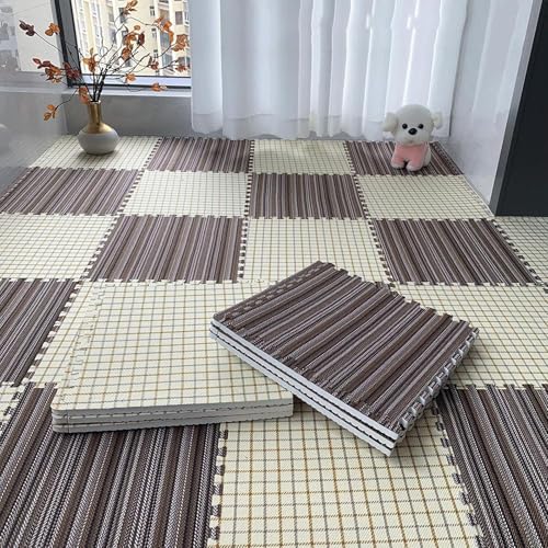 12"X12" Puzzle-Spielmatte aus Baumwollleinen, Quadratische Matten aus Pe-Schaum, Waschbar, Jederzeit Abnehmbar, für Alle Jahreszeiten(Coffee Stripes+beige Plaid,10p) von AHTCPO