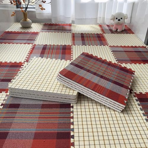 12"X12" Puzzle-Spielmatte aus Baumwollleinen, Quadratische Matten aus Pe-Schaum, Waschbar, Jederzeit Abnehmbar, für Alle Jahreszeiten(Red Blue Plaid+beige Plaid,10p) von AHTCPO