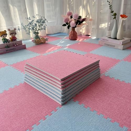 Bodenmatte Puzzleschaumstoff Baumwollleinen mit Rand, Quadratische Puzzlematte, für Zuhause Spielzimmer Yoga oder Fitnessstudio (60 X 60 X 1 cm)(Pink,12p) von AHTCPO