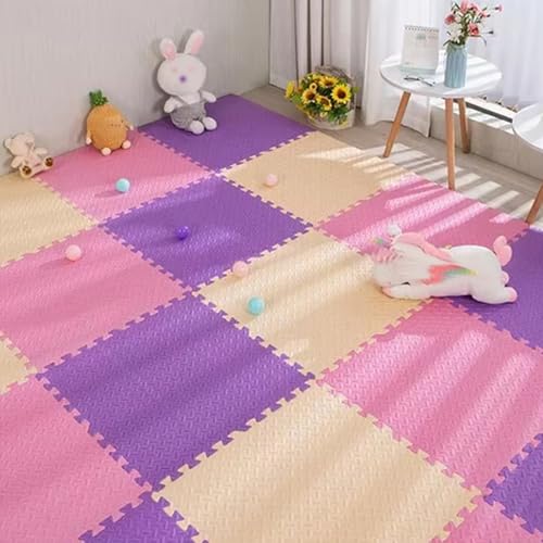 Ineinander Greifende Bodenmatten, Bodenmatte aus Eva-Schaum, Schallabsorbierend, für Indoor-SpielpläTze Wohnzimmer Fitness Yoga (60 X 60 X 2,5 cm)(Beige-Purple-pink,12p) von AHTCPO