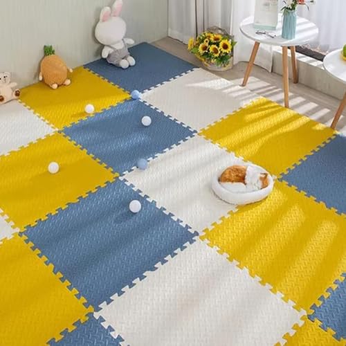 Ineinander Greifende Bodenmatten, Bodenmatte aus Eva-Schaum, Schallabsorbierend, für Indoor-SpielpläTze Wohnzimmer Fitness Yoga (60 X 60 X 2,5 cm)(Blue-Yellow-White,16p) von AHTCPO