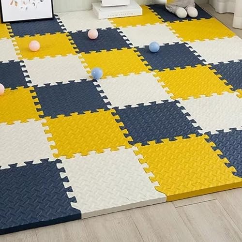 Ineinander Greifende Bodenmatten, Bodenmatte aus Eva-Schaum, Schallabsorbierend, für Indoor-SpielpläTze Wohnzimmer Fitness Yoga (60 X 60 X 2,5 cm)(Navy-White-Yellow,12p) von AHTCPO