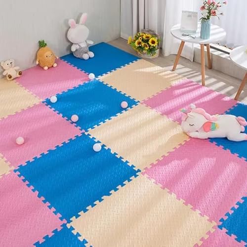 Ineinander Greifende Bodenmatten, Bodenmatte aus Eva-Schaum, Schallabsorbierend, für Indoor-SpielpläTze Wohnzimmer Fitness Yoga (60 X 60 X 2,5 cm)(Sky Blue-pink-beige,12p) von AHTCPO