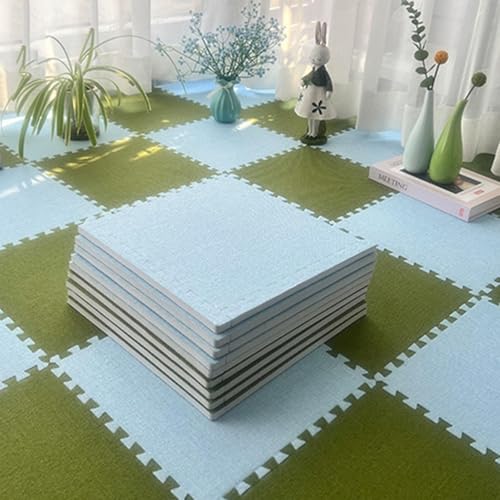 Quadratische Bodenfliesen PlüSchschaum 60 X 60 cm, Ineinander Greifende Bodenfliesen Leinenstoff mit Rand, für Spielzimmer Hause, Yoga oder Fitnessstudio(Army Green-Sky Blue,12p) von AHTCPO