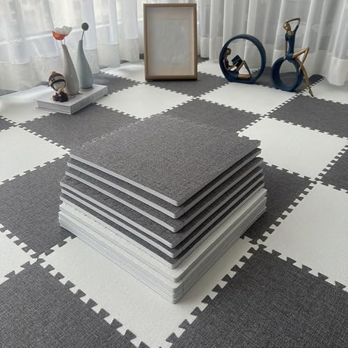 Quadratische Bodenfliesen PlüSchschaum 60 X 60 cm, Ineinander Greifende Bodenfliesen Leinenstoff mit Rand, für Spielzimmer Hause, Yoga oder Fitnessstudio(Dark Gray-White,12p) von AHTCPO