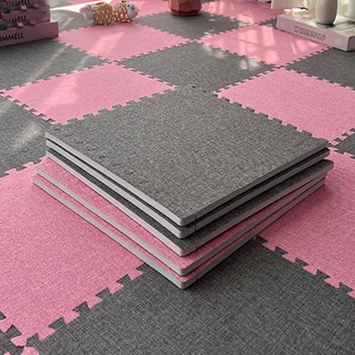 Quadratische Bodenfliesen PlüSchschaum 60 X 60 cm, Ineinander Greifende Bodenfliesen Leinenstoff mit Rand, für Spielzimmer Hause, Yoga oder Fitnessstudio(Dark Gray-pink,12p) von AHTCPO