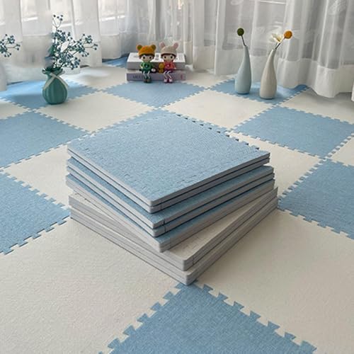 Quadratische Bodenfliesen PlüSchschaum 60 X 60 cm, Ineinander Greifende Bodenfliesen Leinenstoff mit Rand, für Spielzimmer Hause, Yoga oder Fitnessstudio(Sky Blue-White,12p) von AHTCPO