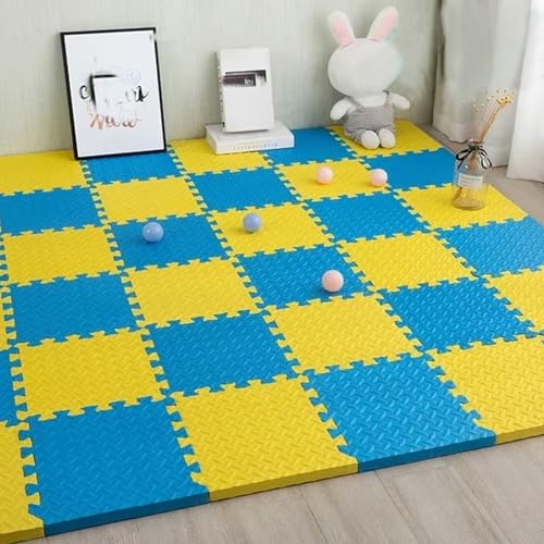 Quadratische Spielmatte, Ineinander Greifende Bodenmatten mit Volltonfarben für Indoor-Spielplatz Wohnzimmer Training Fitness Yoga (60 X 60 X 1,2 cm)(Blue-Yellow,12p) von AHTCPO