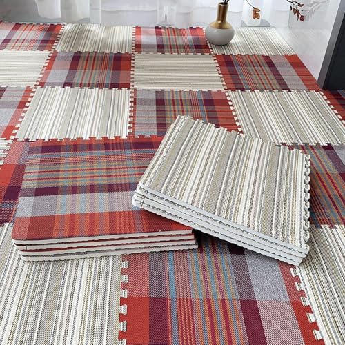 Weicher Bequemer Teppich, Waschbarer Ineinandergreifender Schallschutzteppich, Jederzeit Entfernbar, für Schlafzimmer, Wohnzimmer(Red Blue Plaid+beige Stripes,10p) von AHTCPO